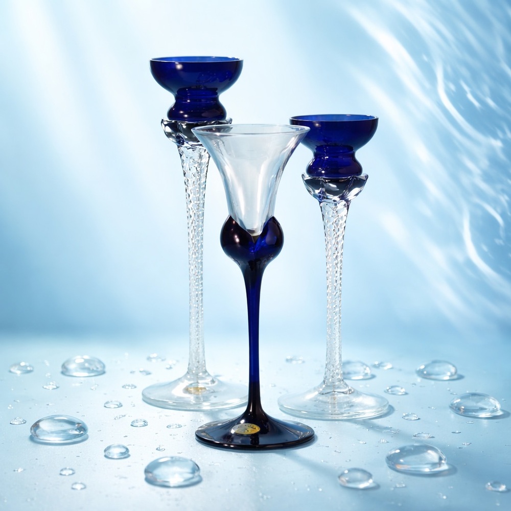 Lot of 3 Bohemian & Romania Glass Long Stem Candle Holders Blue Clear Votives
